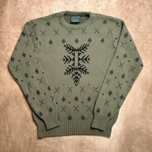 Vintage 90s Cross Bay Fair Isles Snowflake Sweater Green Knit Long Sleeve Ski